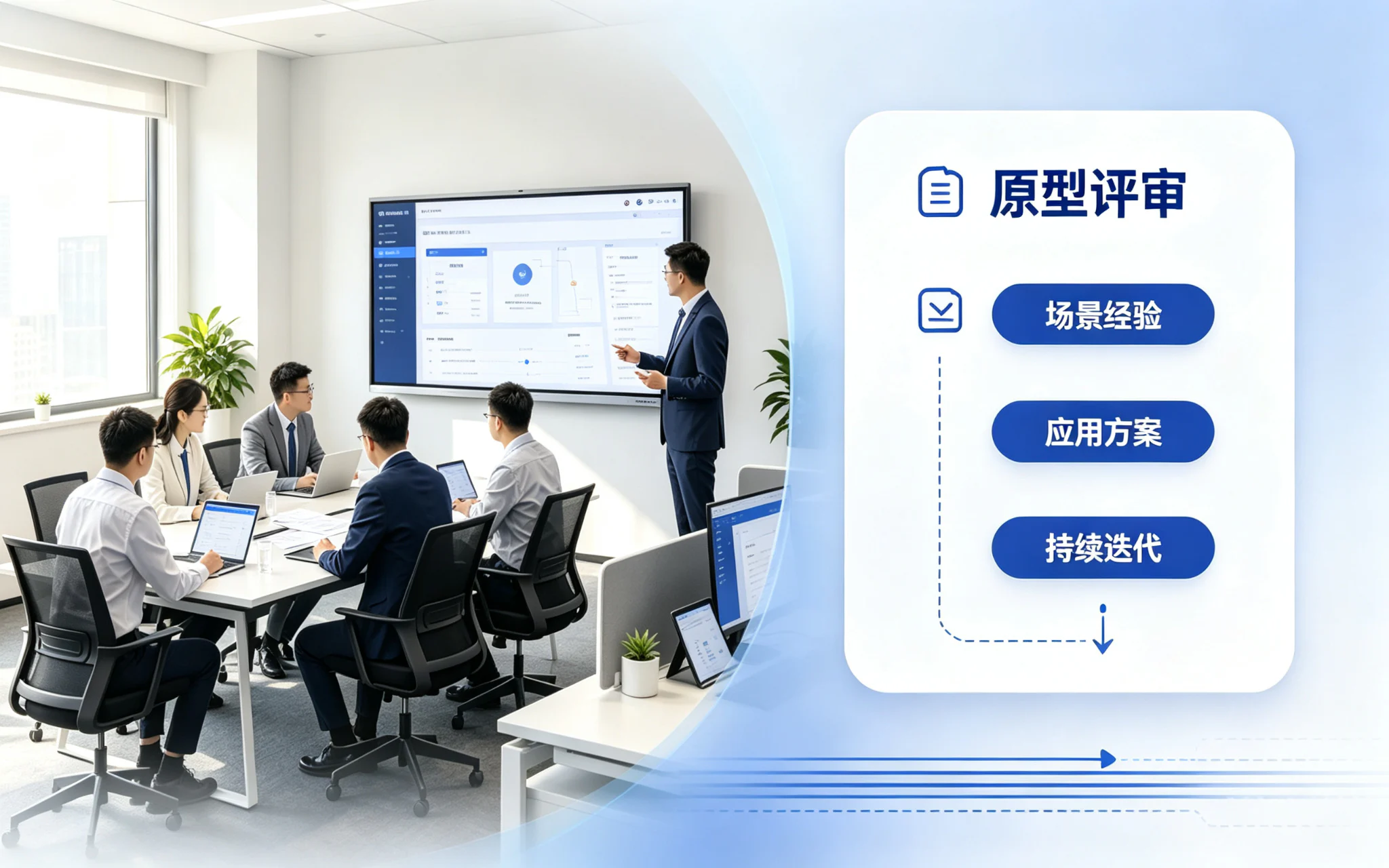 企业产品团队与技术伙伴在会议室共同评审智能应用原型