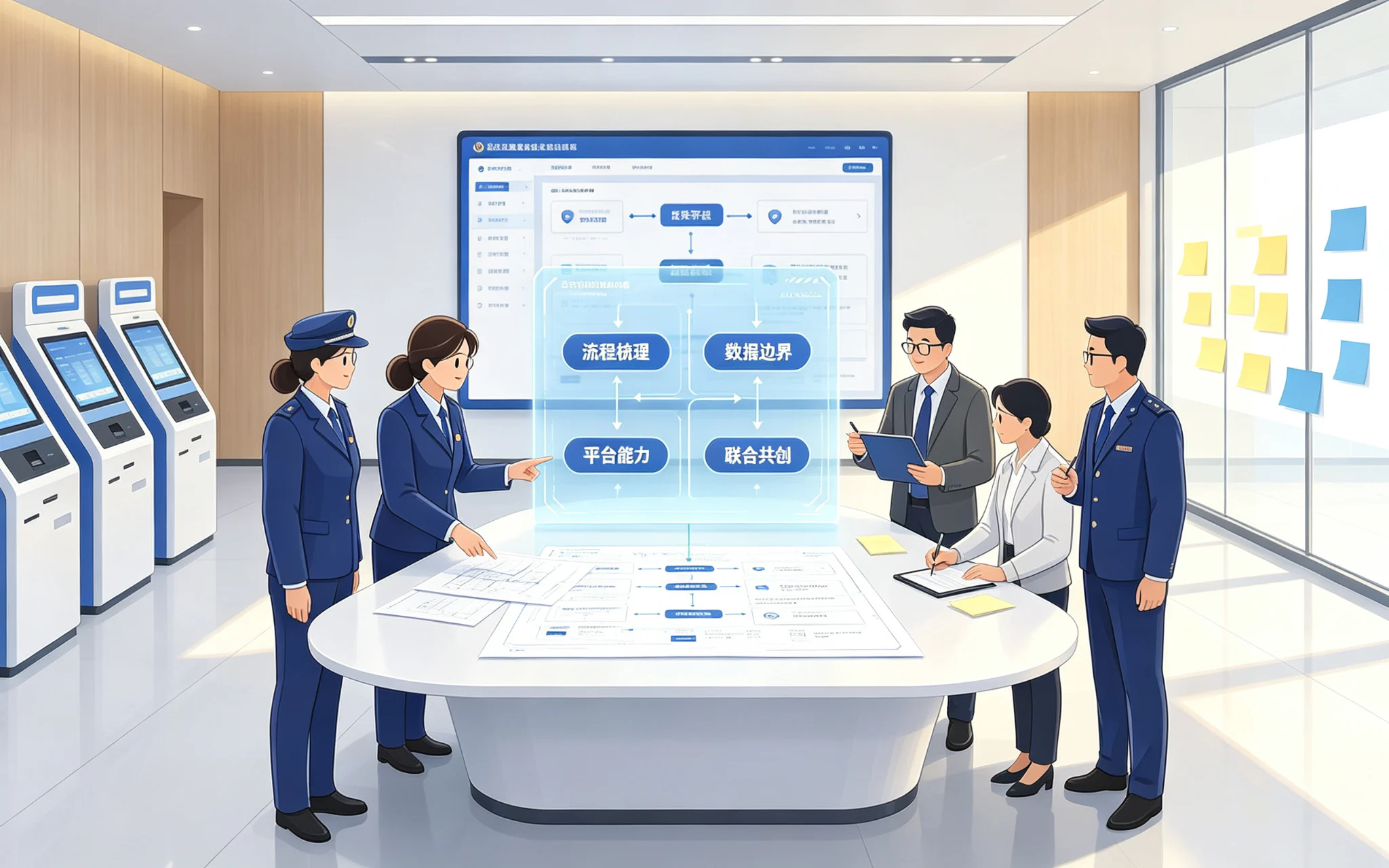 政府业务人员与技术伙伴在政务服务中心共同梳理公共服务流程