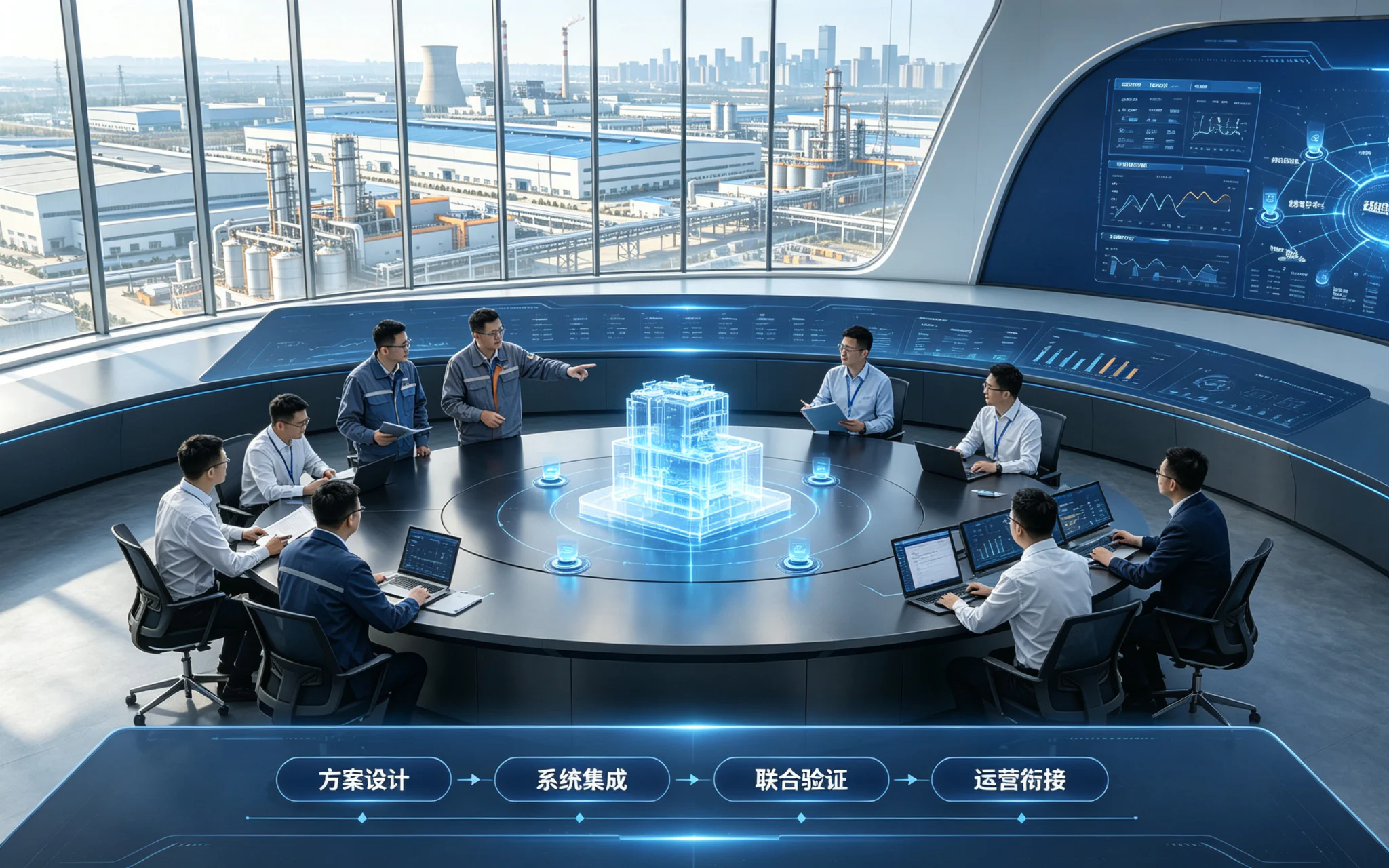 国企工程师与交付伙伴在运营中心围绕设备数字孪生模型联合验证方案