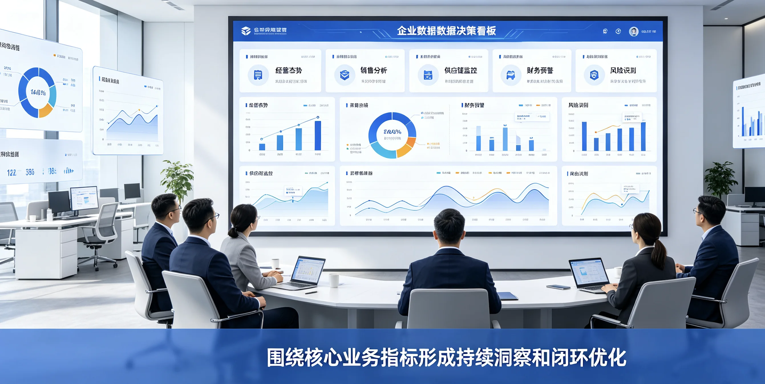 企业经营分析看板展示经营趋势、销售、供应链、财务和风险信息